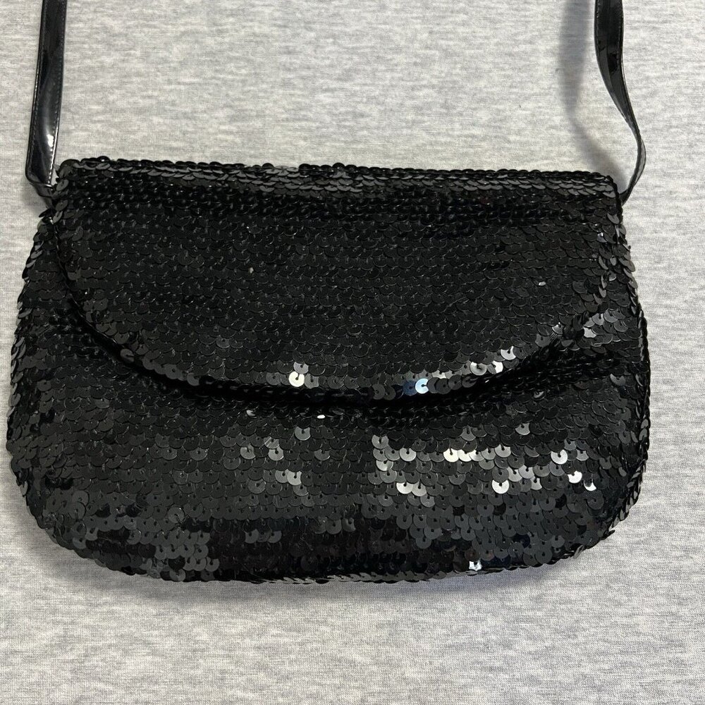 Vintage Frederico Leone Black Sequin Small Evening Bag Clutch Strap Holiday
